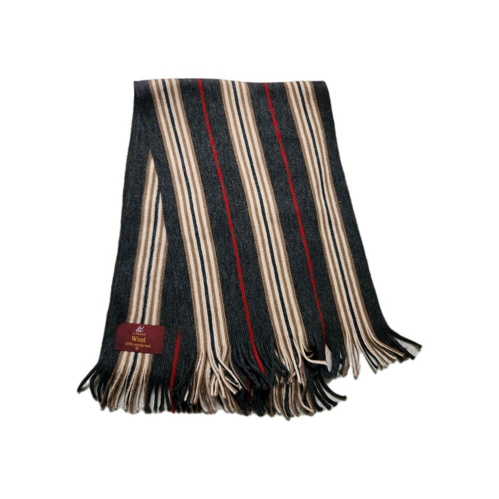 NWOT V. Fraas 100% Merino Wool Scarf Striped Gray Tan Red Fringe 64x10